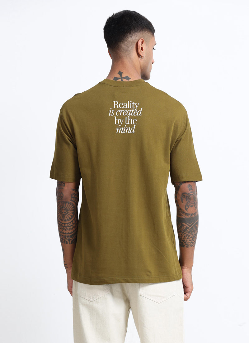 BALANCE OF THOUGHT Oversized Cotton Printed T-Shirt Olive Green - Back Print View