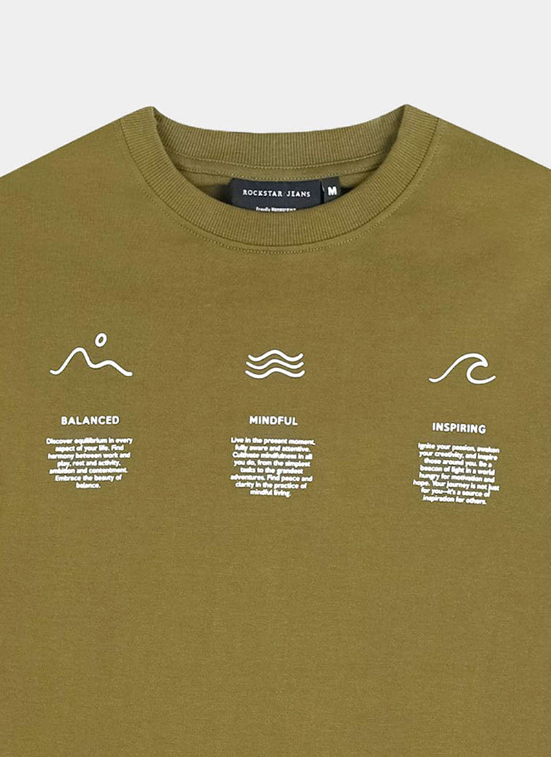 BALANCE OF THOUGHT Oversized Cotton Printed T-Shirt Olive Green - Details View