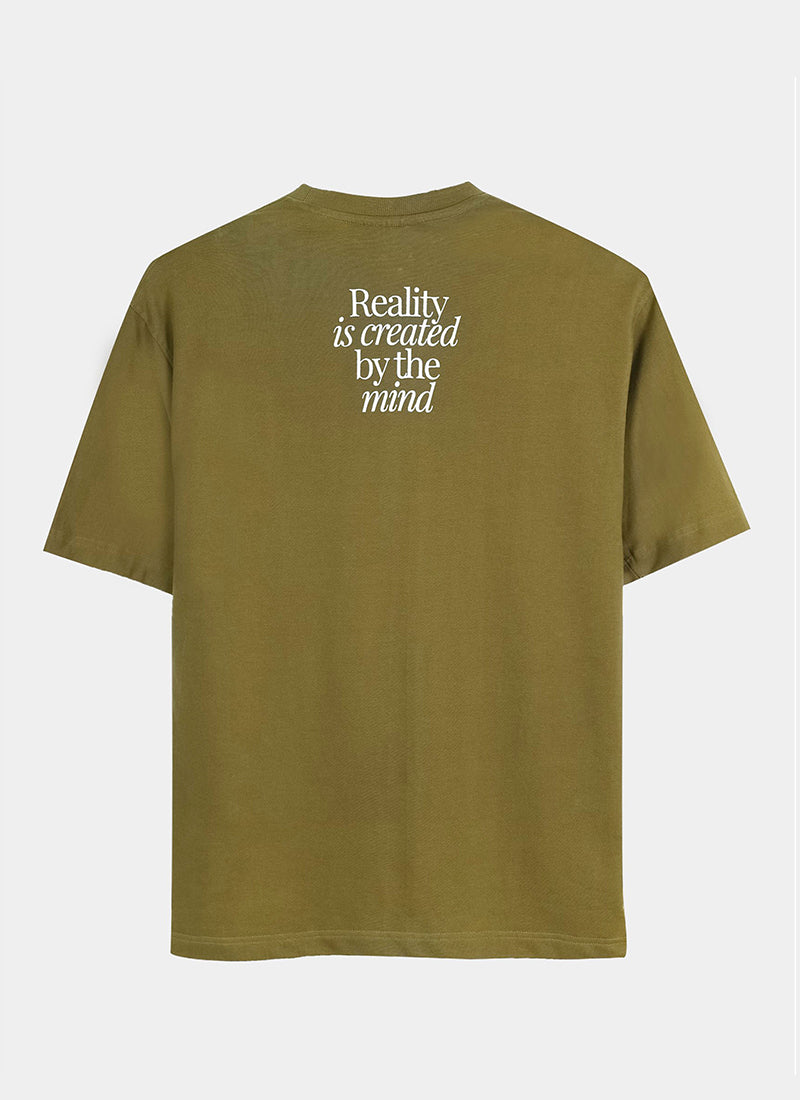 BALANCE OF THOUGHT Oversized Cotton Printed T-Shirt Olive Green - Flatlay Back View