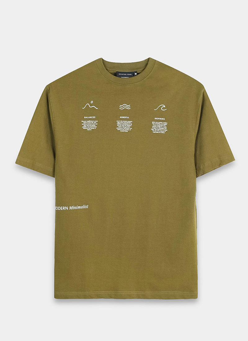 BALANCE OF THOUGHT Oversized Cotton Printed T-Shirt Olive Green - Flatlay Front View