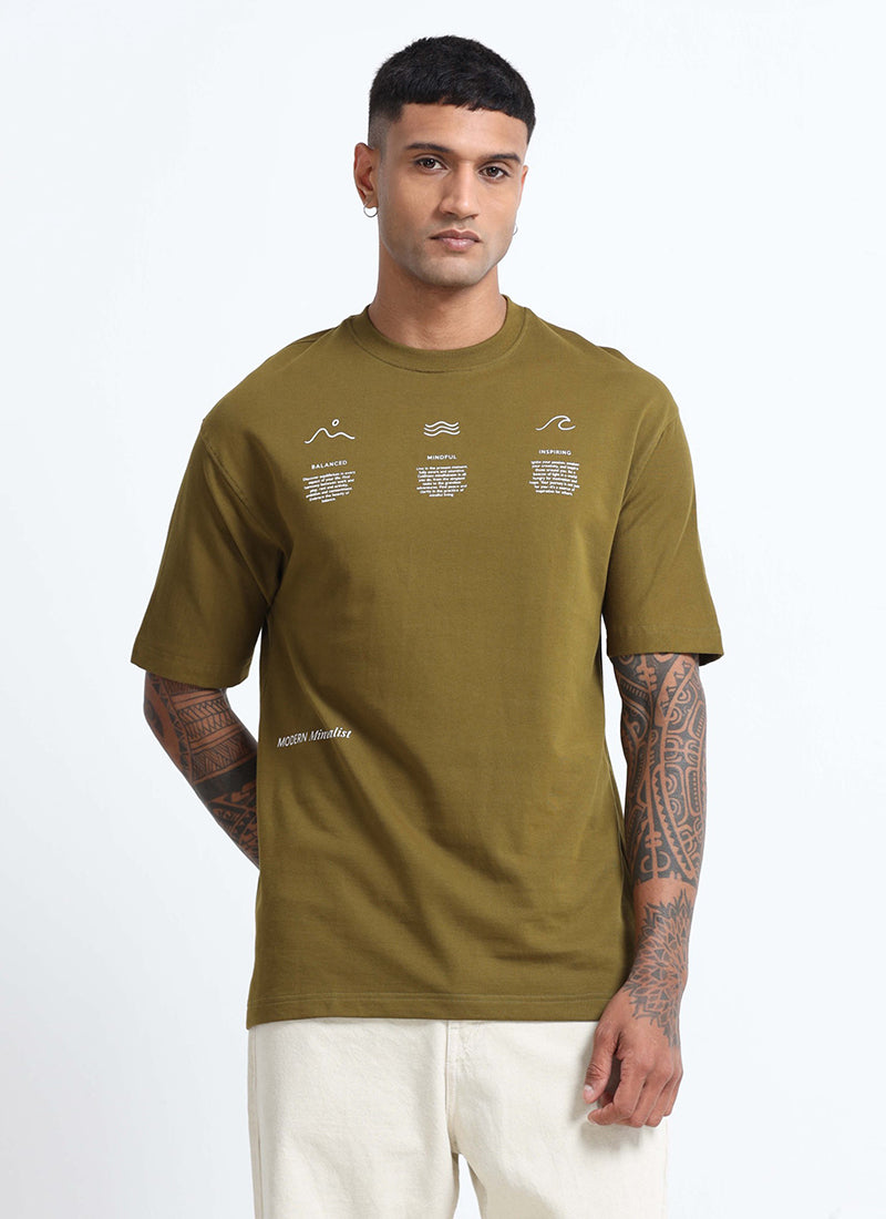 BALANCE OF THOUGHT Oversized Cotton Printed T-Shirt Olive Green - Front View