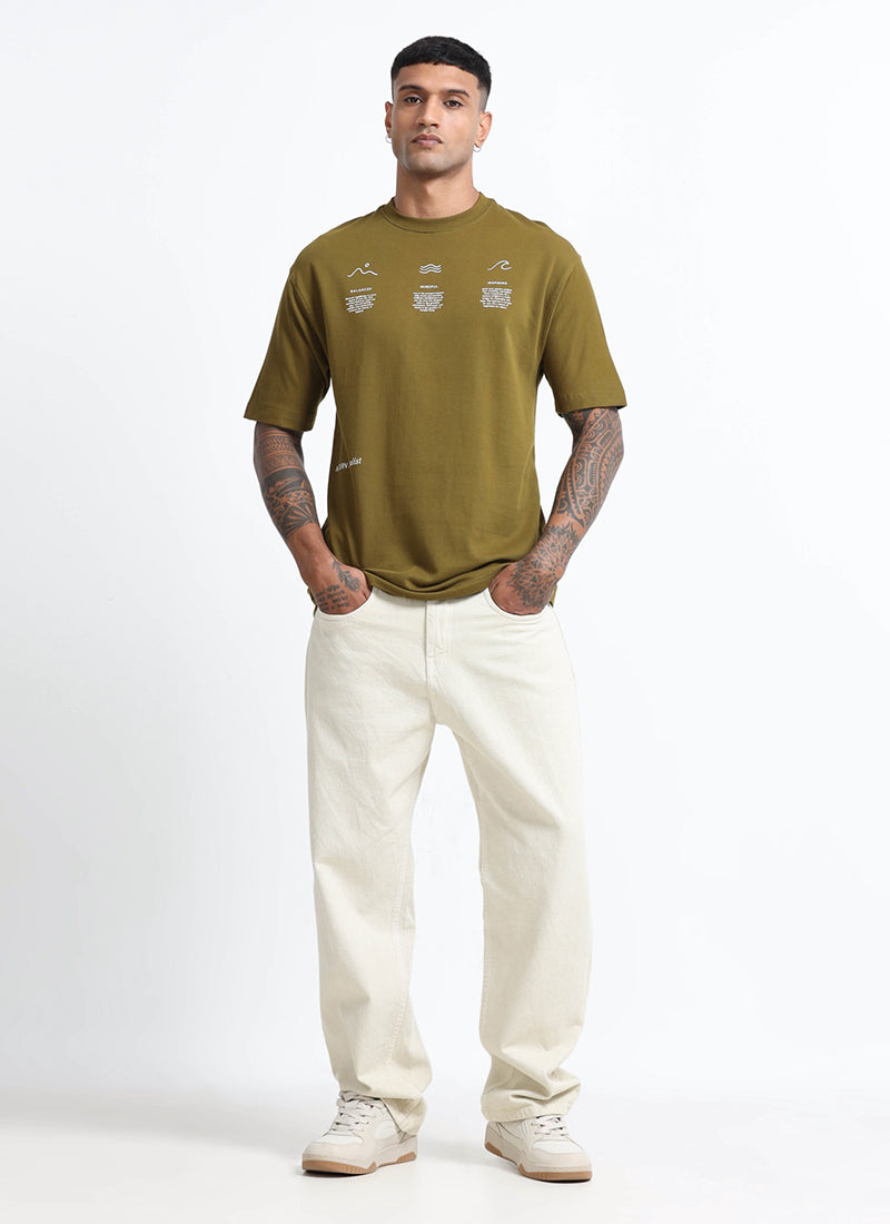 BALANCE OF THOUGHT Oversized Cotton Printed T-Shirt Olive Green - Model View