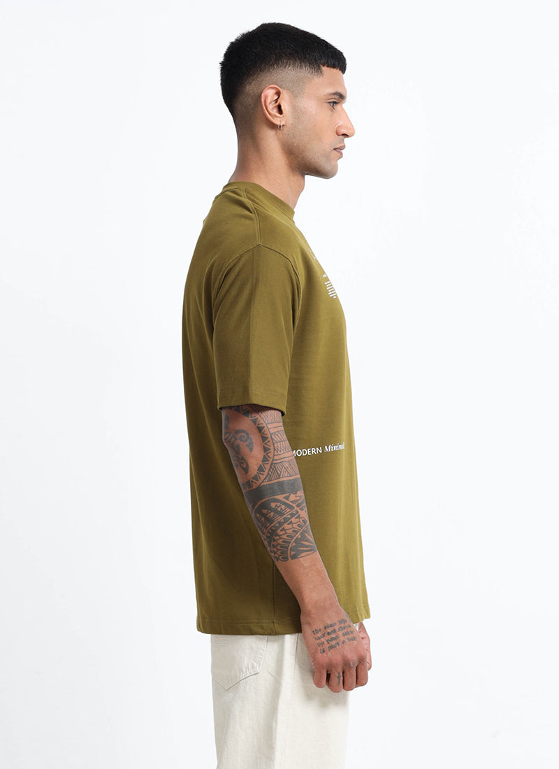 BALANCE OF THOUGHT Oversized Cotton Printed T-Shirt Olive Green - Side View