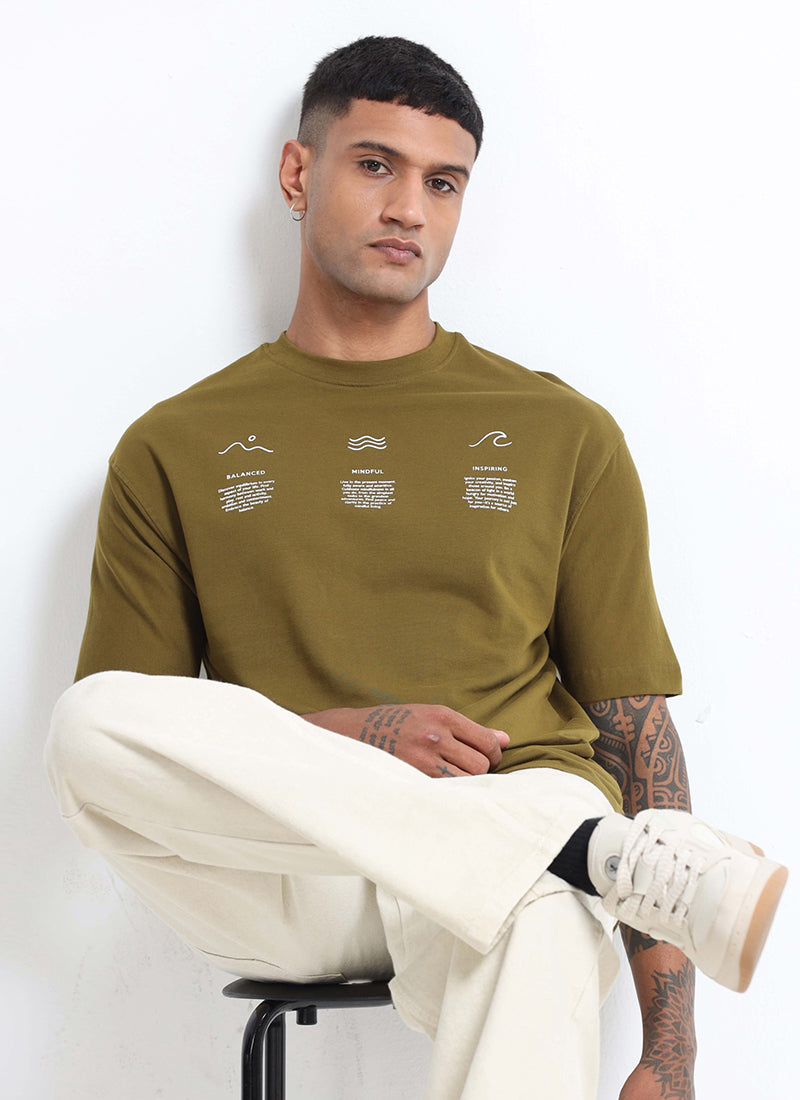 BALANCE OF THOUGHT Oversized Cotton Printed T-Shirt Olive Green - minimalist Printed View