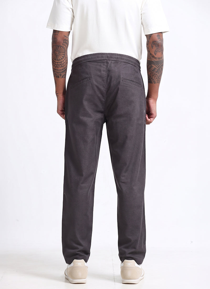 BREEZY LINEN Regular Fit Drawstring Trousers Anthracite Grey-Back View