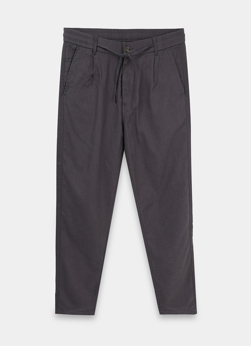 BREEZY LINEN Regular Fit Drawstring Trousers Anthracite Grey-Flatlay Front View