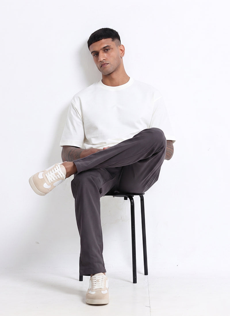 BREEZY LINEN Regular Fit Drawstring Trousers Anthracite Grey-Front View
