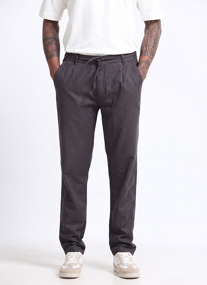BREEZY LINEN Regular Fit Drawstring Trousers Anthracite Grey-Model Front View