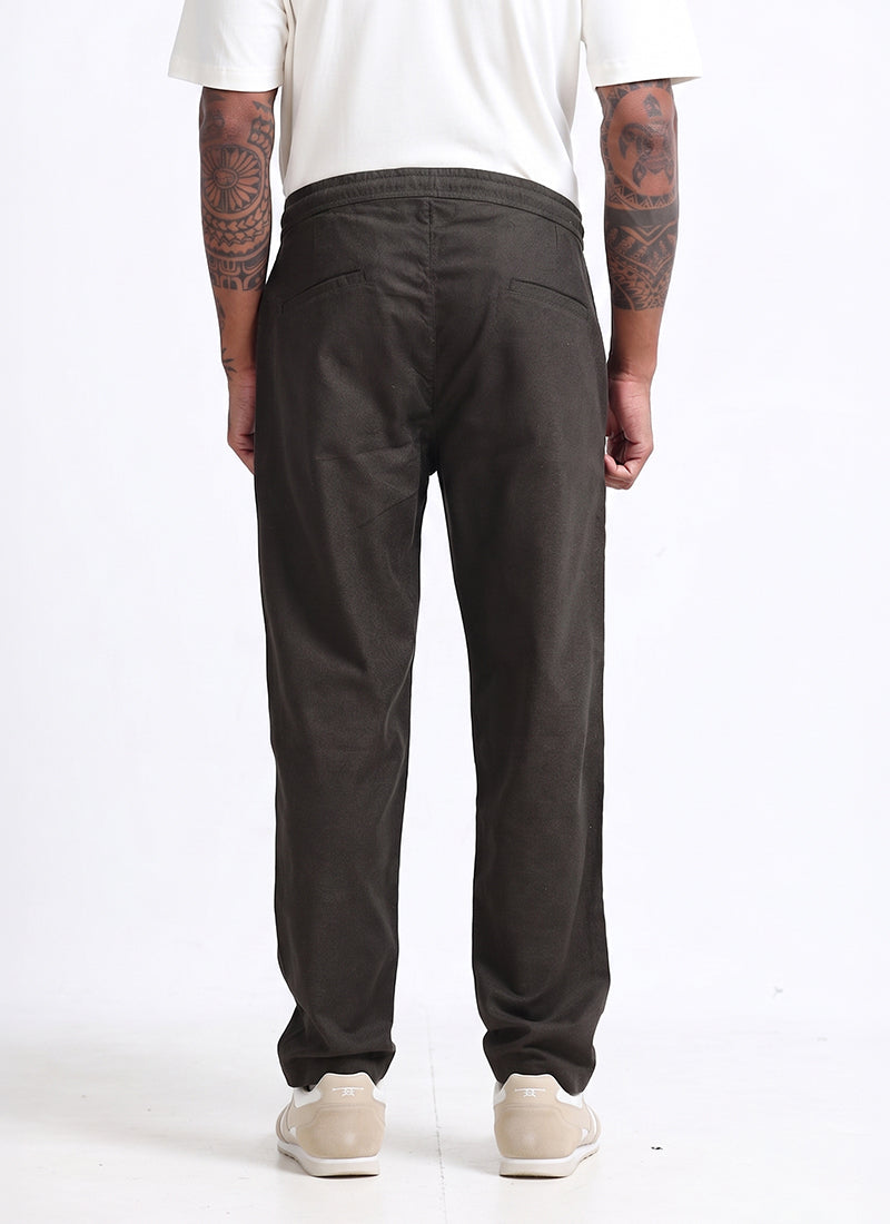 BREEZY LINEN Regular Fit Drawstring Trousers Dark Olive-Back View