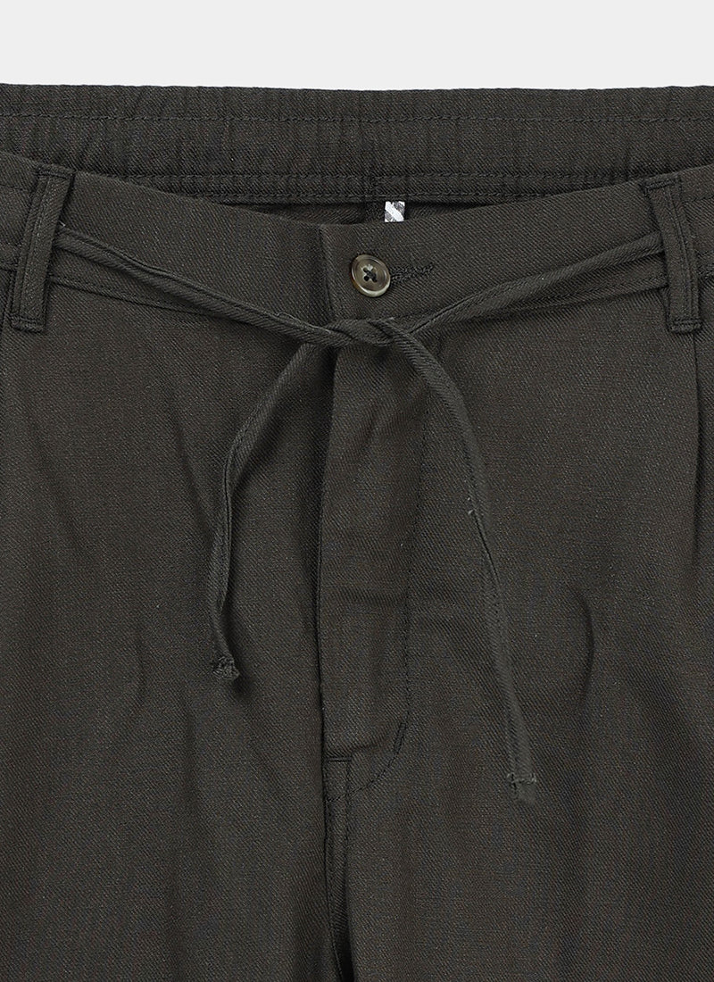 BREEZY LINEN Regular Fit Drawstring Trousers Dark Olive-Fabric Detail View