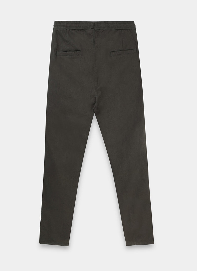 BREEZY LINEN Regular Fit Drawstring Trousers Dark Olive-Flatlay Back View