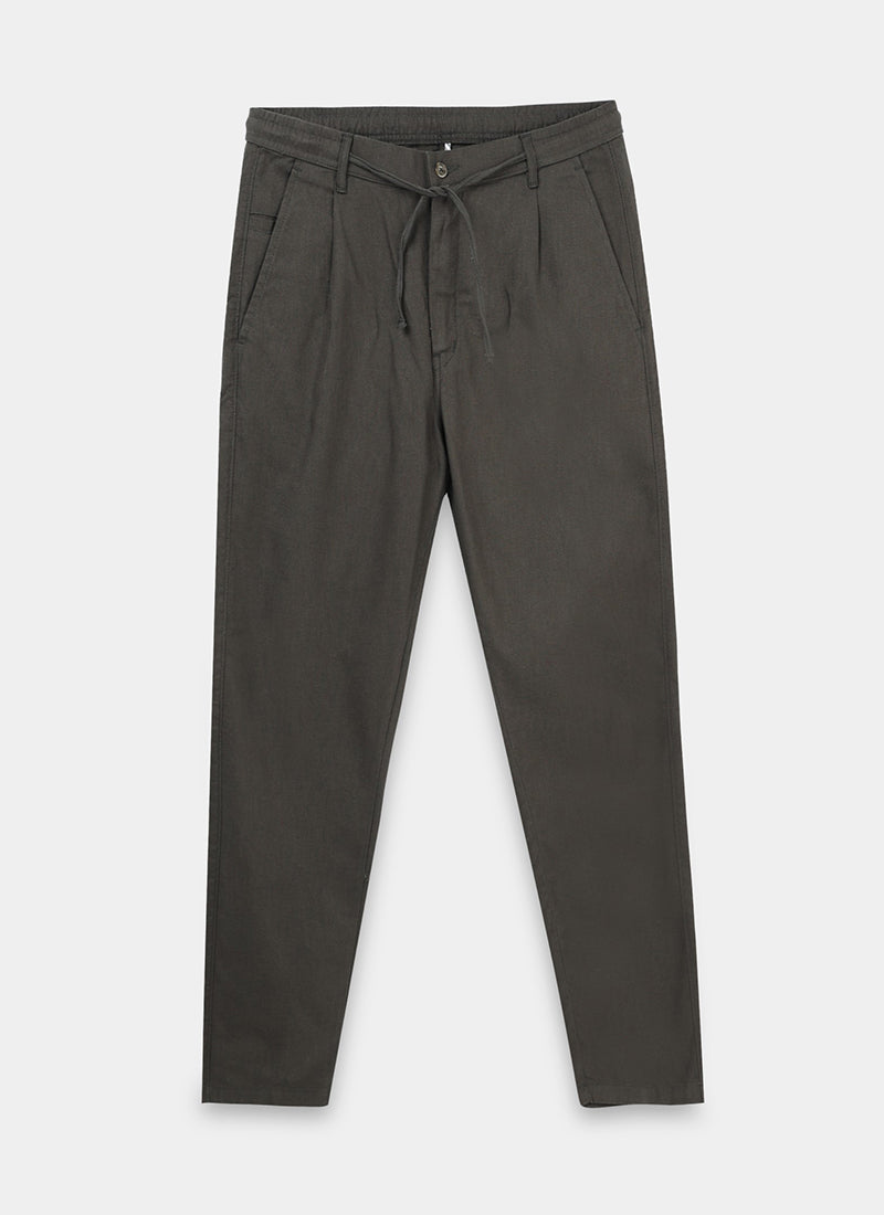 BREEZY LINEN Regular Fit Drawstring Trousers Dark Olive-Flatlay Front View