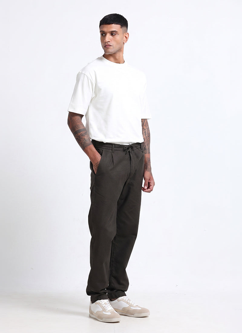 BREEZY LINEN Regular Fit Drawstring Trousers Dark Olive-Model Front View