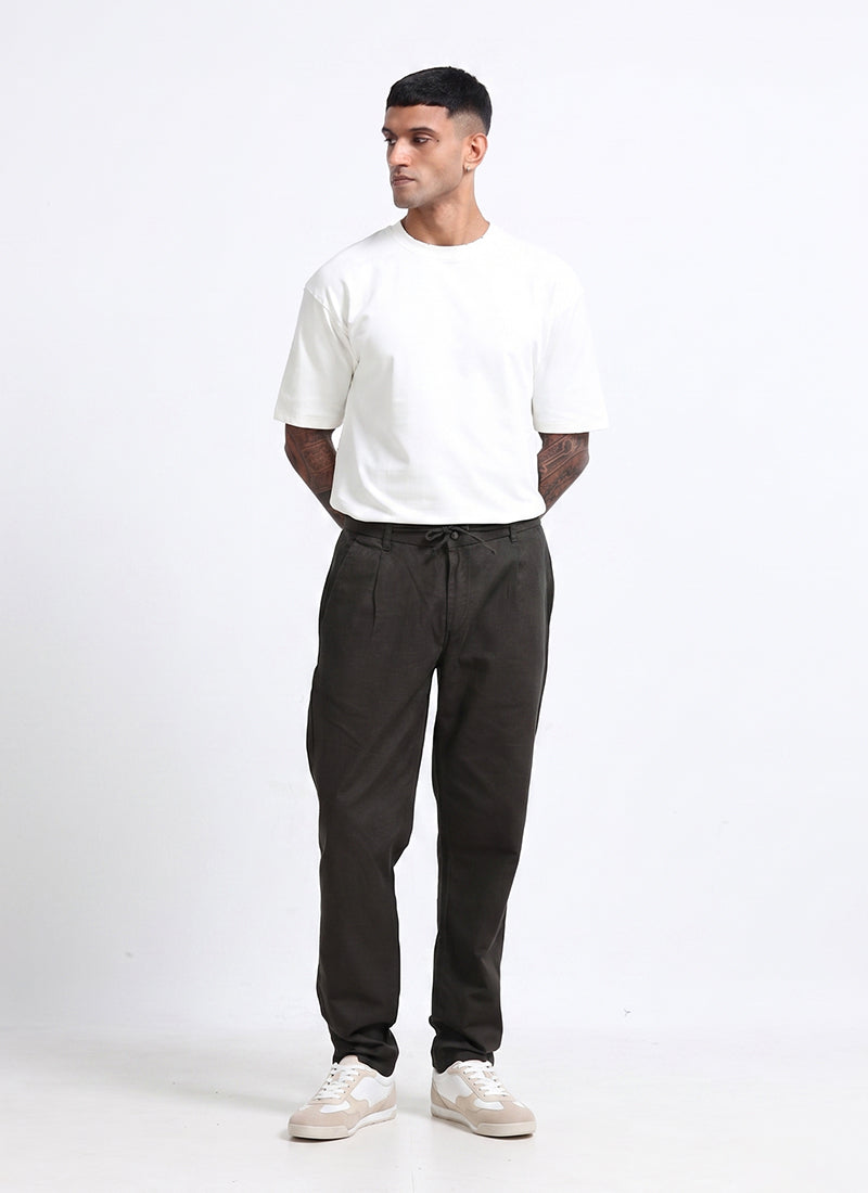 BREEZY LINEN Regular Fit Drawstring Trousers Dark Olive-Model Side View