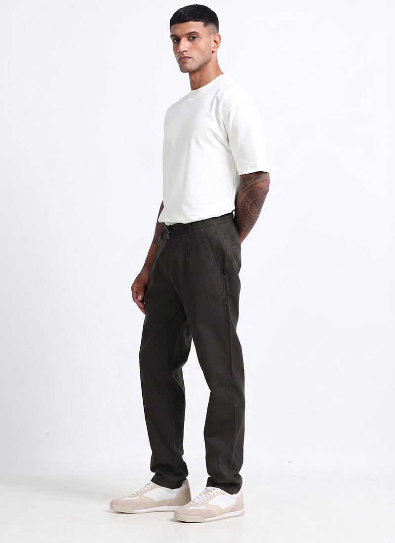 BREEZY LINEN Regular Fit Drawstring Trousers Dark Olive