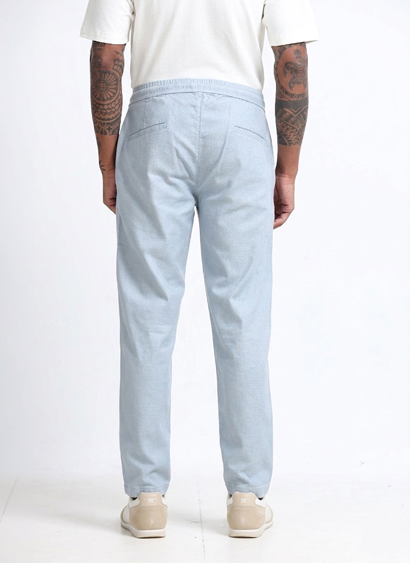 BREEZY LINEN Regular Fit Drawstring Trousers Light Blue-Back View