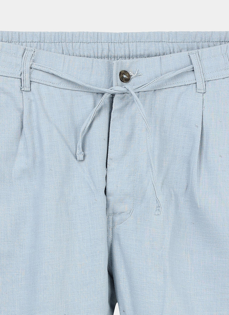 BREEZY LINEN Regular Fit Drawstring Trousers Light Blue-Fabric Detail View