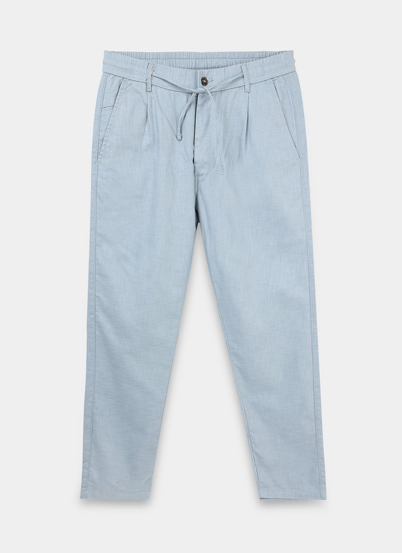 BREEZY LINEN Regular Fit Drawstring Trousers Light Blue-Flatlay front View