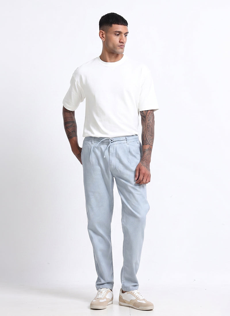 BREEZY LINEN Regular Fit Drawstring Trousers Light Blue-Model Front View