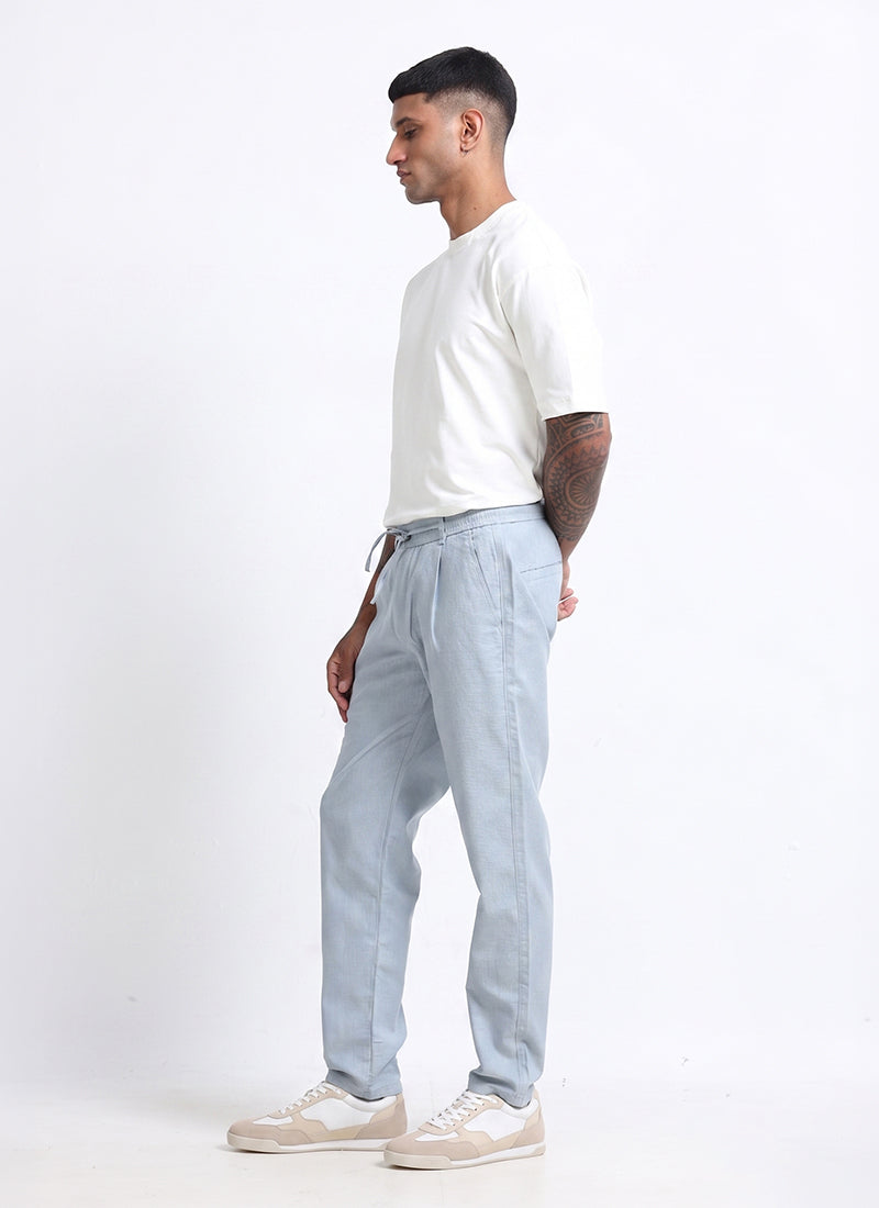 BREEZY LINEN Regular Fit Drawstring Trousers Light Blue-Model Side View