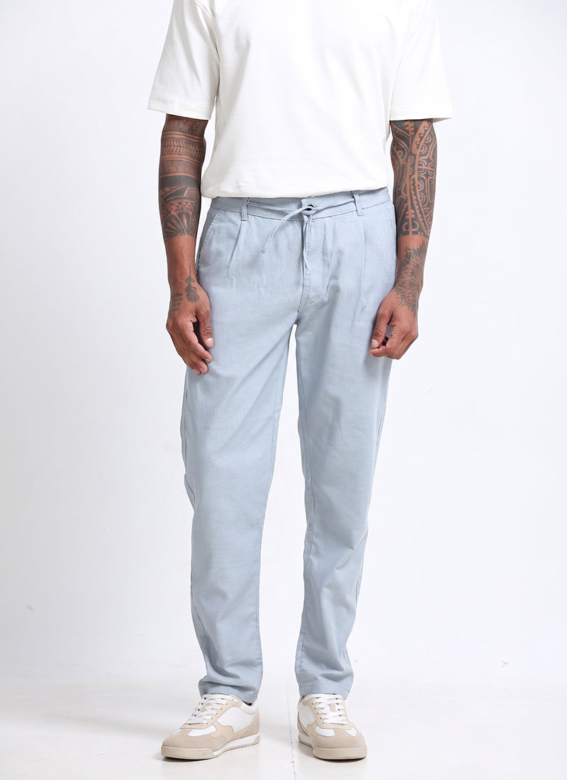 BREEZY LINEN Regular Fit Drawstring Trousers Light Blue-front View