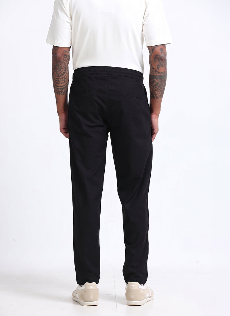 BREEZY LINEN Regular Fit Drawstring Trousers Midnight Black-Back View