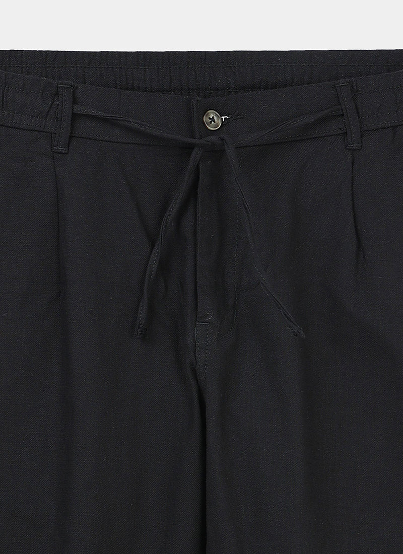 BREEZY LINEN Regular Fit Drawstring Trousers Midnight Black-Fabric Detail View