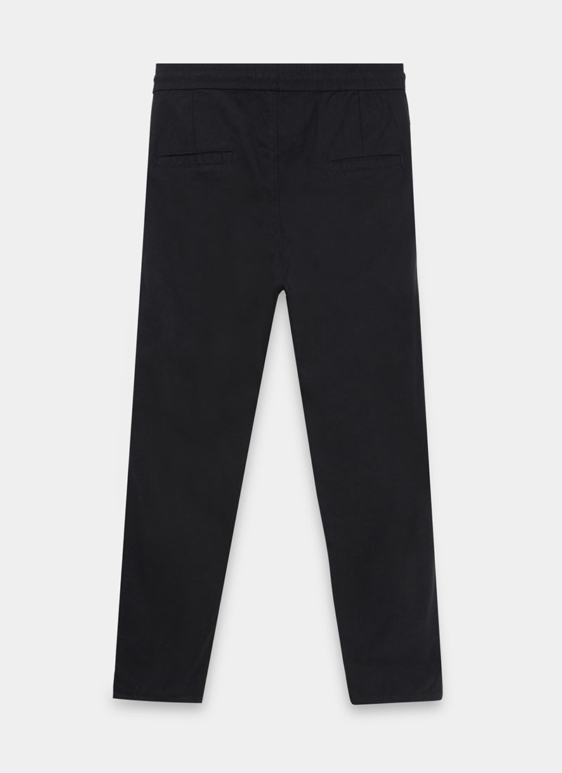 BREEZY LINEN Regular Fit Drawstring Trousers Midnight Black-Flatlay Back View