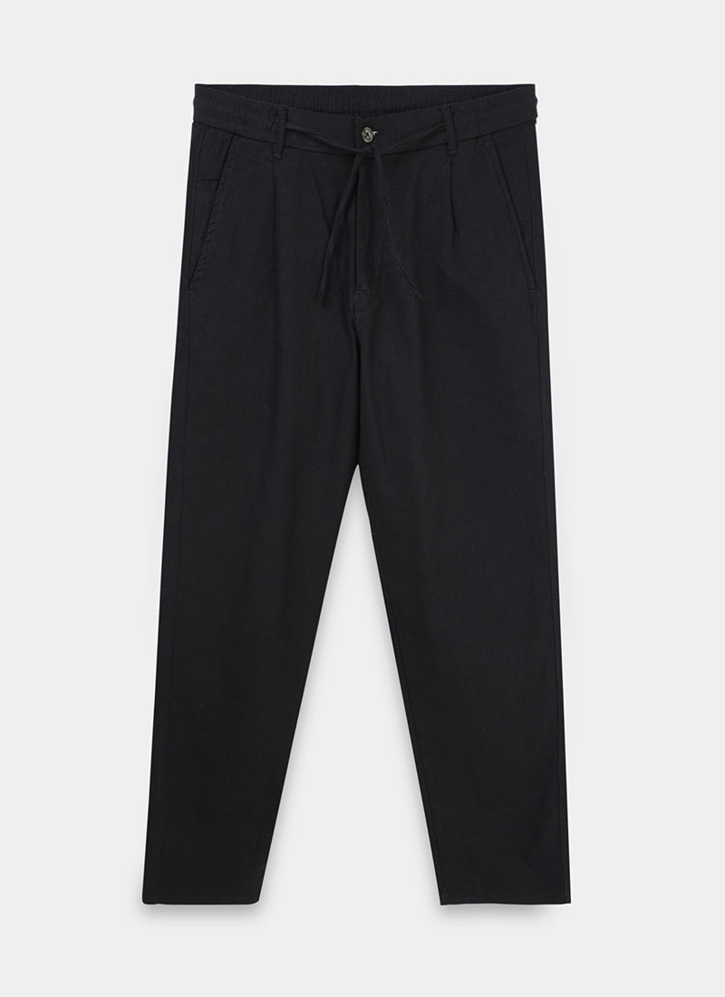 BREEZY LINEN Regular Fit Drawstring Trousers Midnight Black-Flatlay Front View