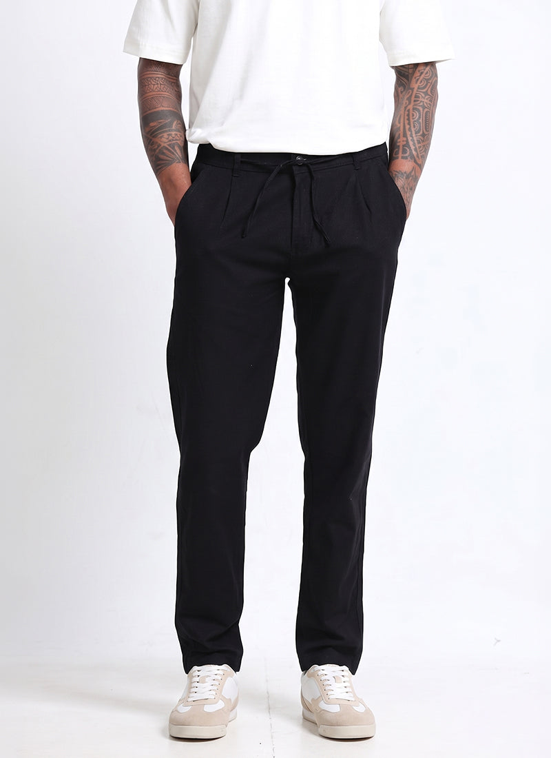 BREEZY LINEN Regular Fit Drawstring Trousers Midnight Black-Front View