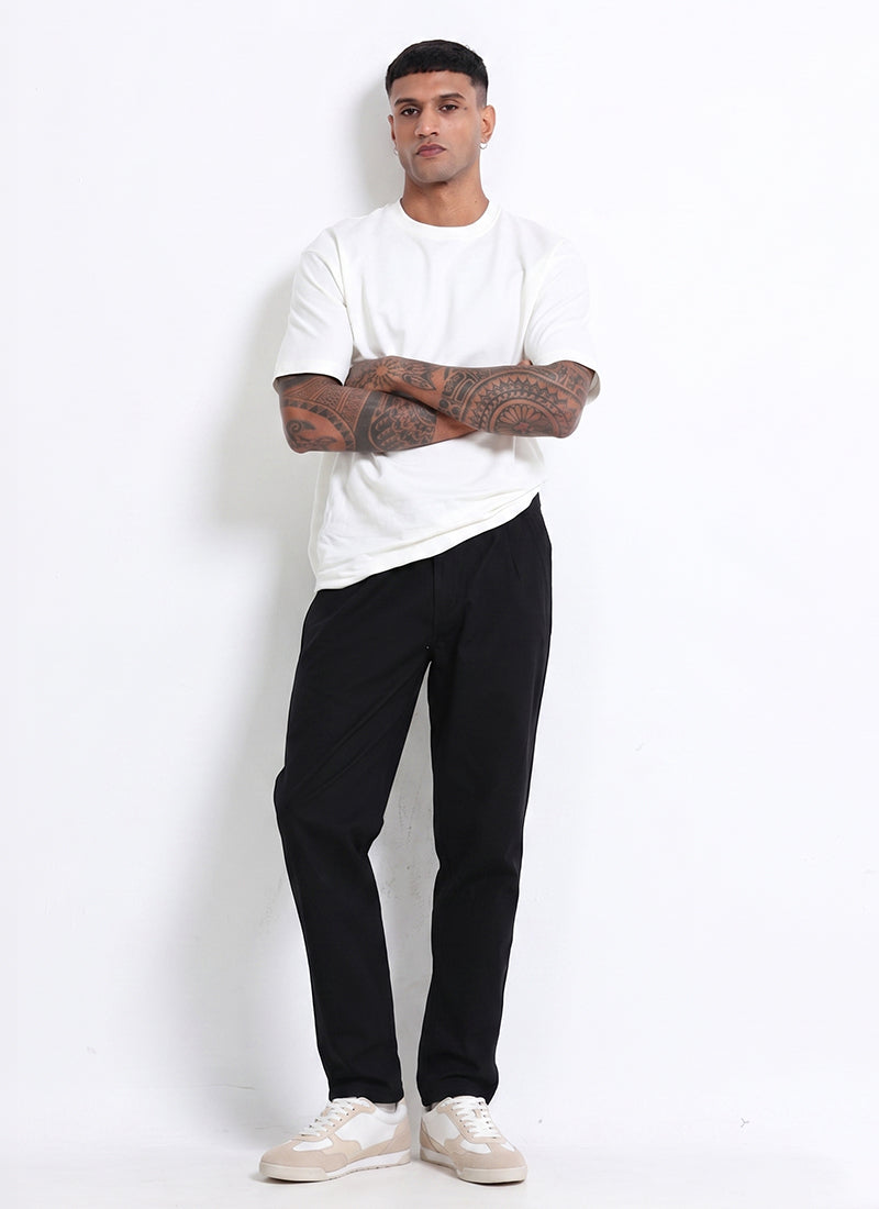 BREEZY LINEN Regular Fit Drawstring Trousers Midnight Black-Model Front View
