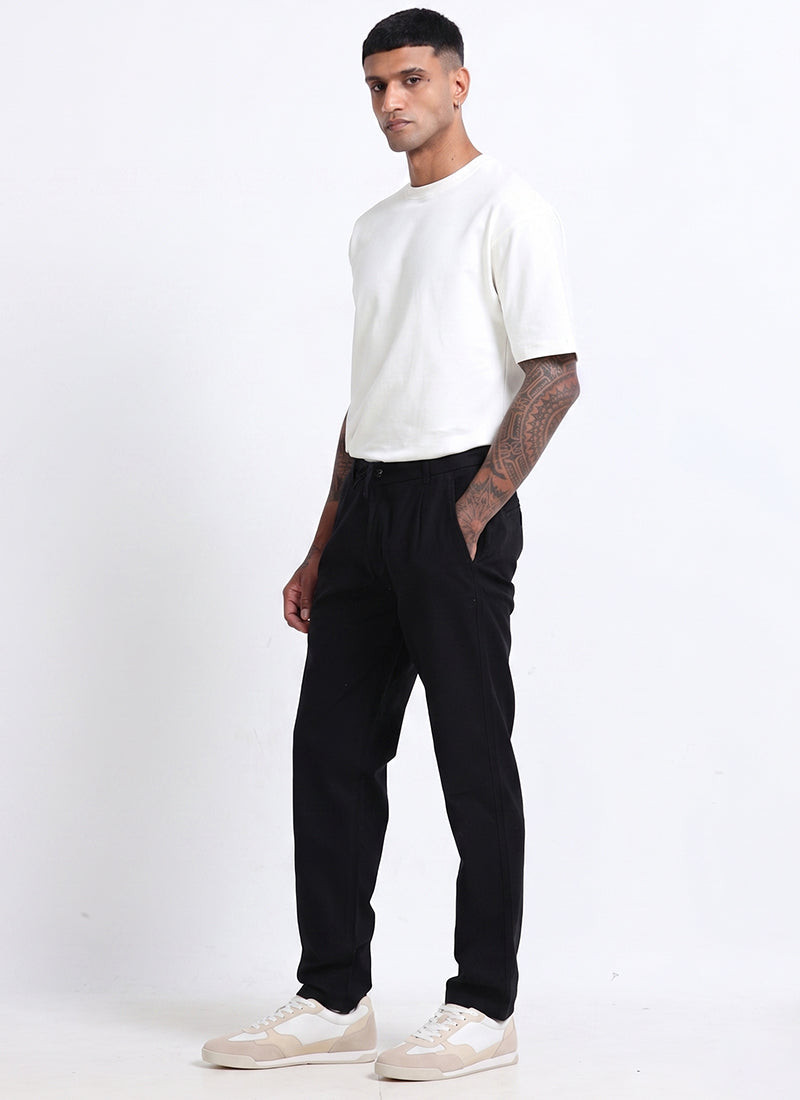 BREEZY LINEN Regular Fit Drawstring Trousers Midnight Black-Model View
