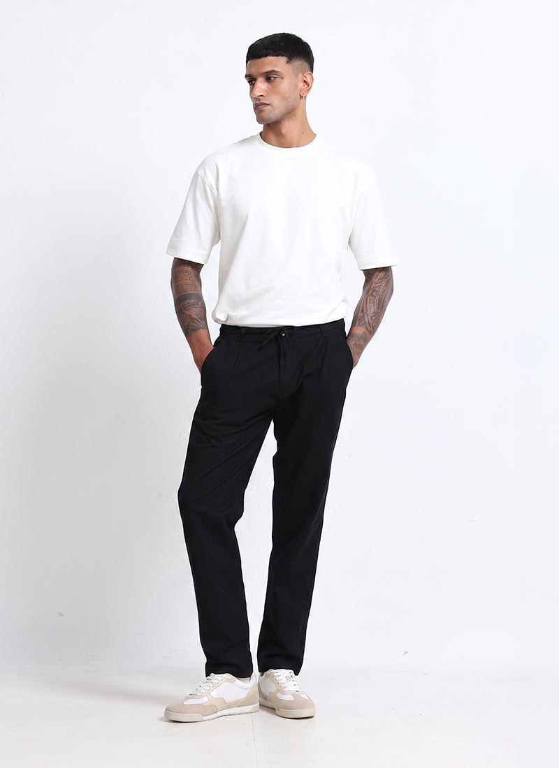 BREEZY LINEN Regular Fit Drawstring Trousers Midnight Black