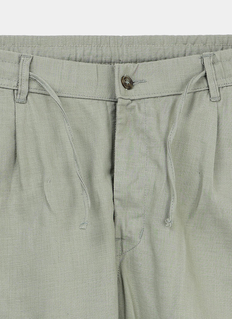 BREEZY LINEN Regular Fit Drawstring Trousers Sage Mist-Fabric Detail View