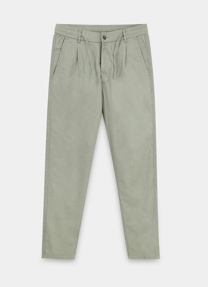 BREEZY LINEN Regular Fit Drawstring Trousers Sage Mist-Flatlay Front View