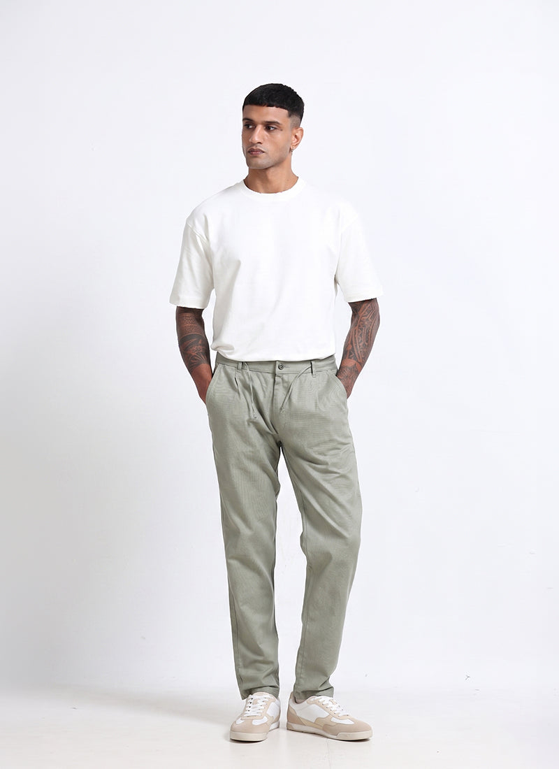 BREEZY LINEN Regular Fit Drawstring Trousers Sage Mist-Model Front View