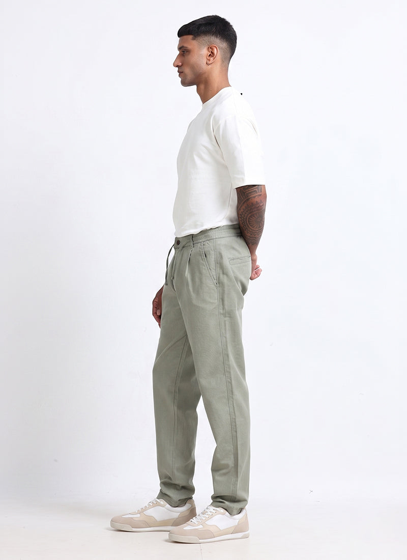 BREEZY LINEN Regular Fit Drawstring Trousers Sage Mist-Model Side View
