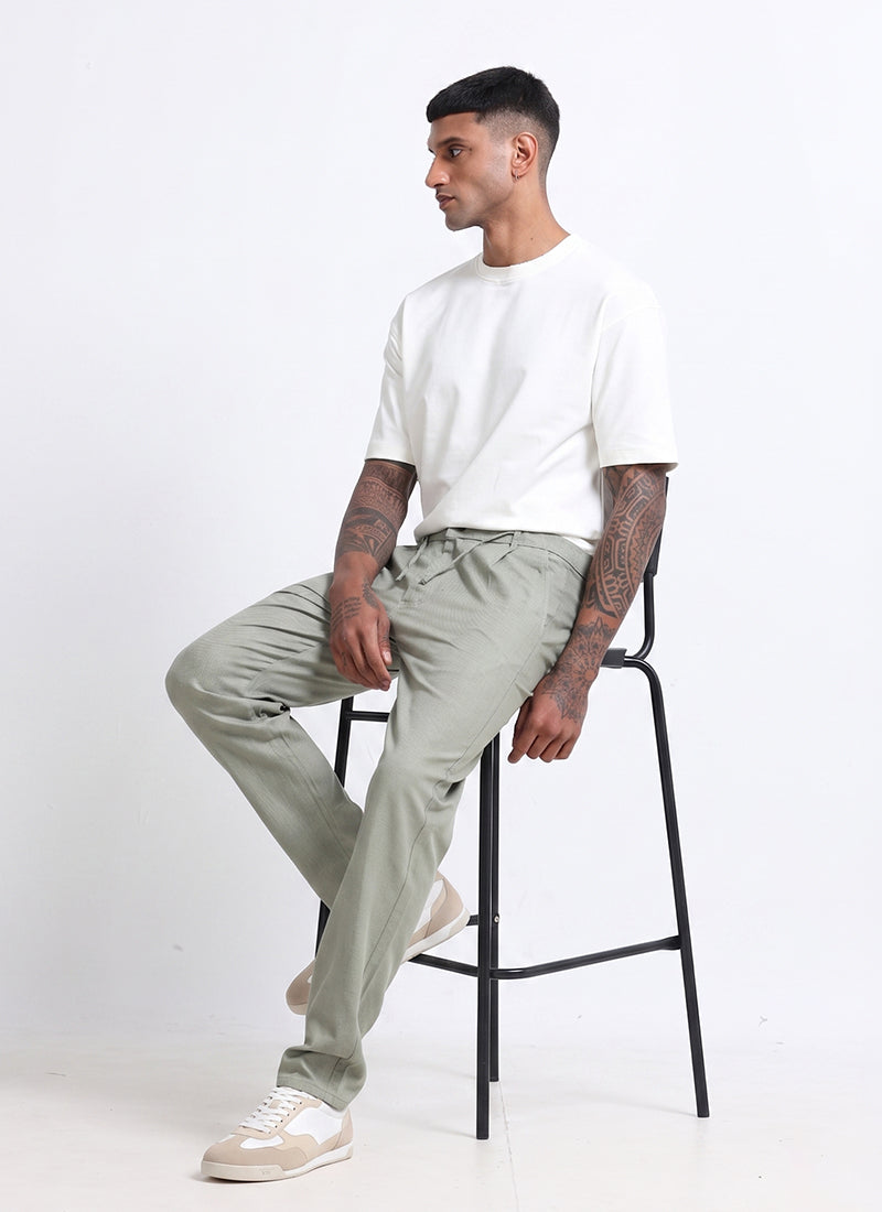 BREEZY LINEN Regular Fit Drawstring Trousers Sage Mist