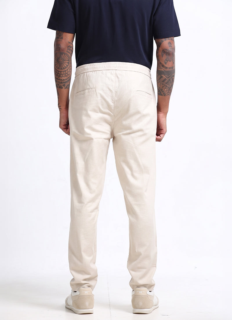 BREEZY LINEN Regular Fit Drawstring Trousers Stone Beige-Back View