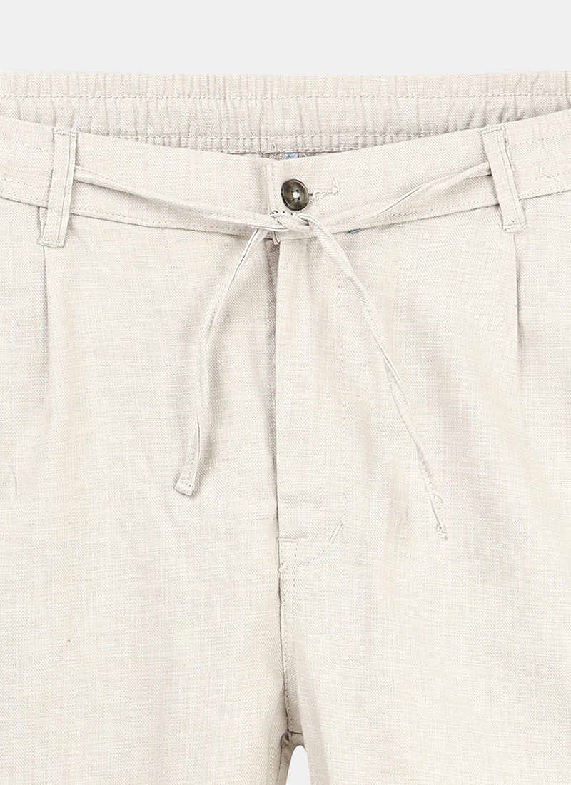 BREEZY LINEN Regular Fit Drawstring Trousers Stone Beige-Fabric Detail View