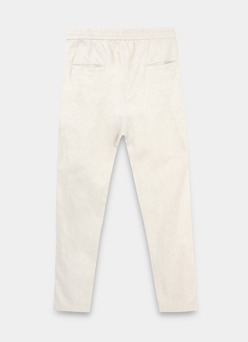BREEZY LINEN Regular Fit Drawstring Trousers Stone Beige-Flatlay Back View