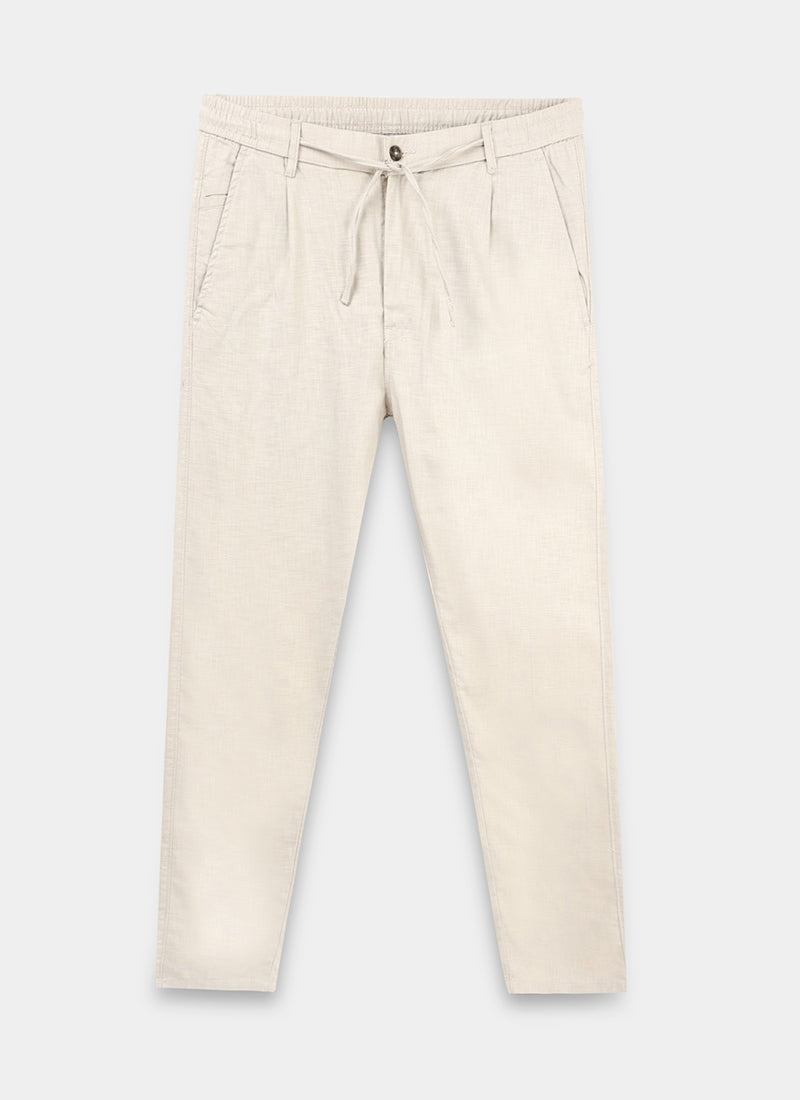 BREEZY LINEN Regular Fit Drawstring Trousers Stone Beige-Flatlay Front View