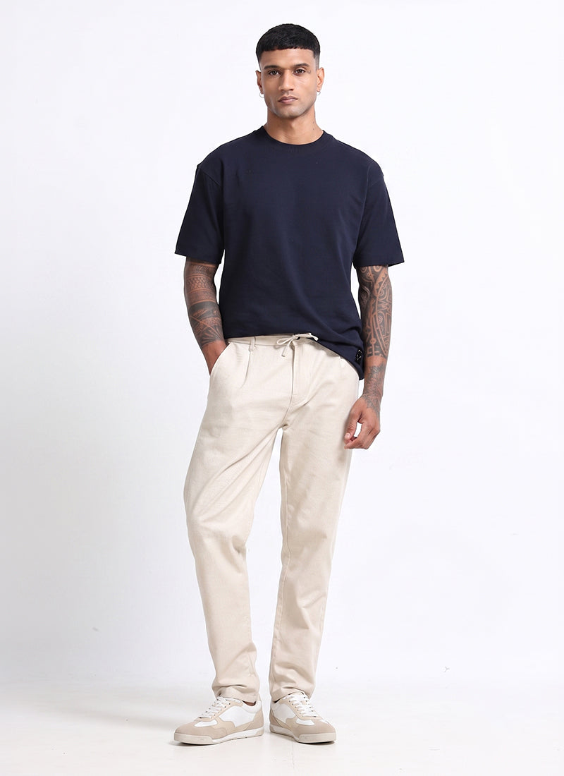 BREEZY LINEN Regular Fit Drawstring Trousers Stone Beige-Model Front View