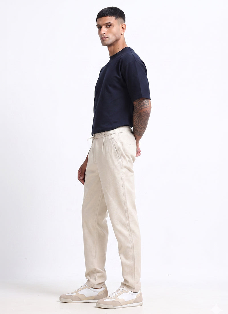 BREEZY LINEN Regular Fit Drawstring Trousers Stone Beige-Model Side View