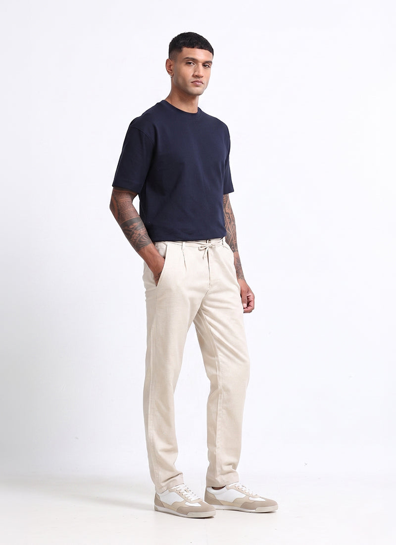 BREEZY LINEN Regular Fit Drawstring Trousers Stone Beige