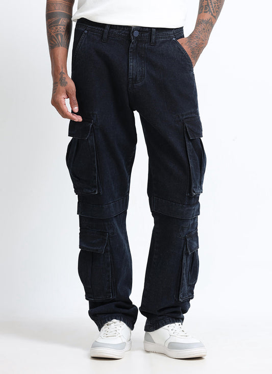 Black Grey Denim Cargo Jeans