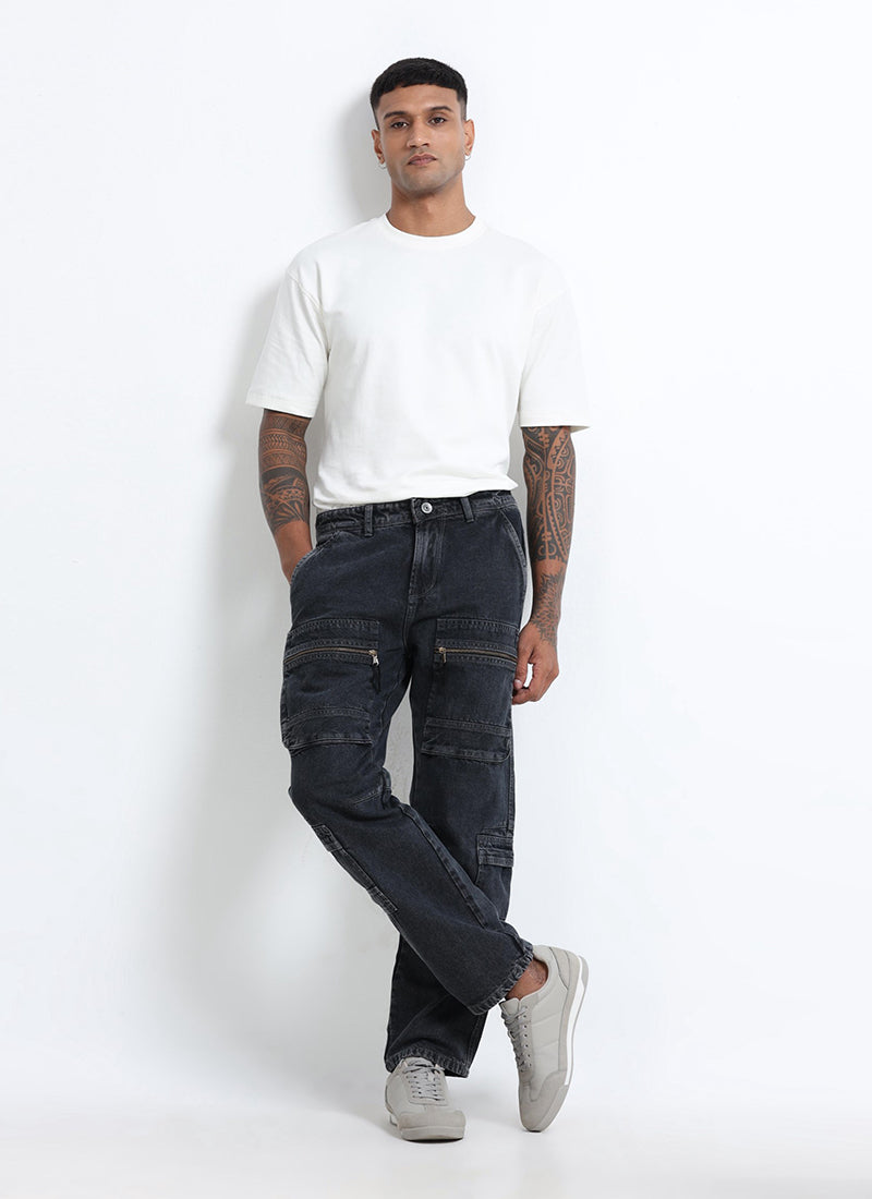washed black cargo denim jeans