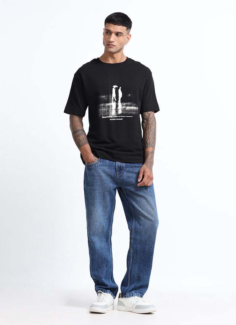 DISCOVERING Oversized Cotton Printed T-Shirt Black - Matching Jeans