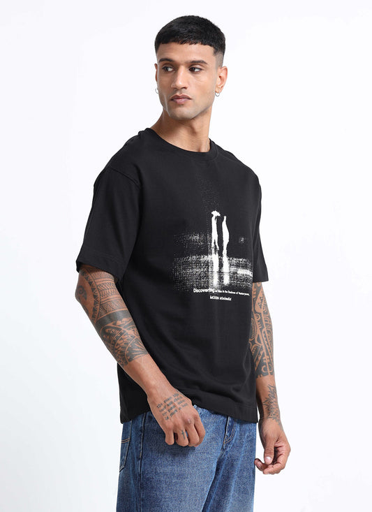 DISCOVERING Oversized Cotton Printed T-Shirt Black - Side View