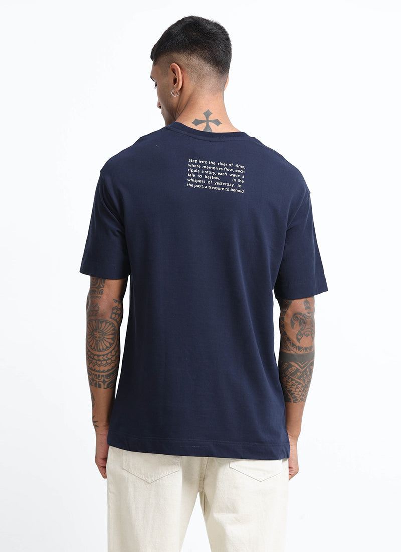 DISCOVERING Oversized Cotton Printed T-Shirt Navy Blue - Back View